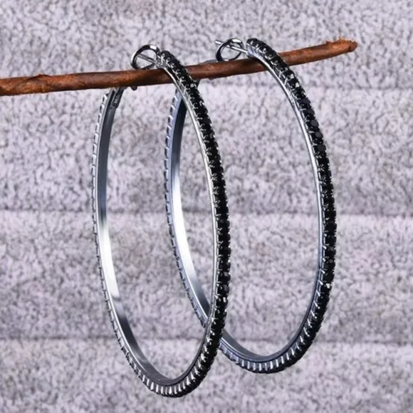 *Black Gold Black Sapphire 2.25'' Hoop Earrings - Picture 2 of 7